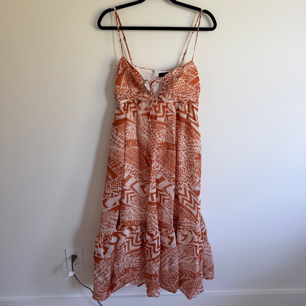 Lulus Orange and White Geometric Print Tiered Midi Dress Medium